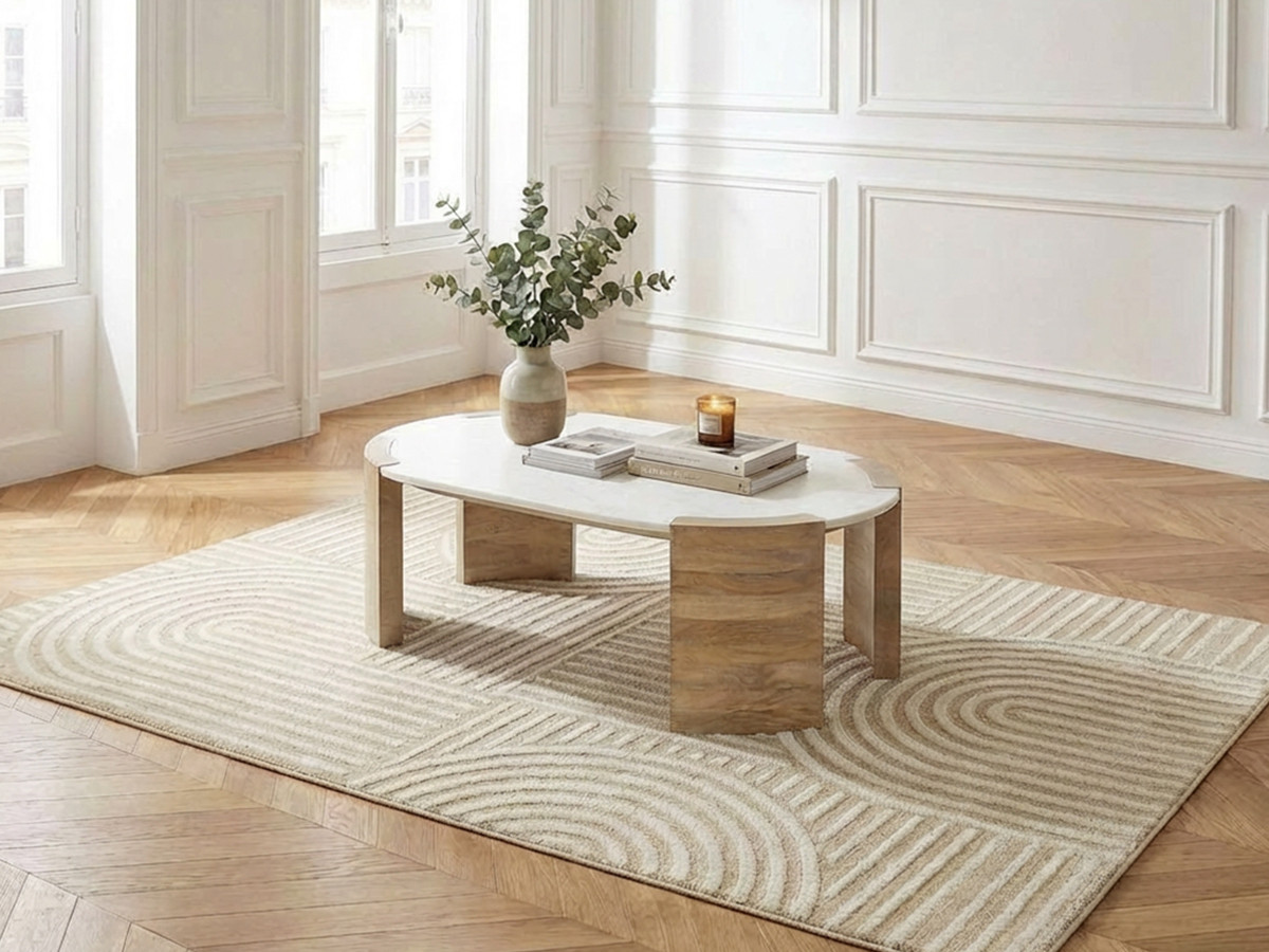 TORVI ovale salontafel, 122 cm, marmeren blad en massief acaciahouten poten