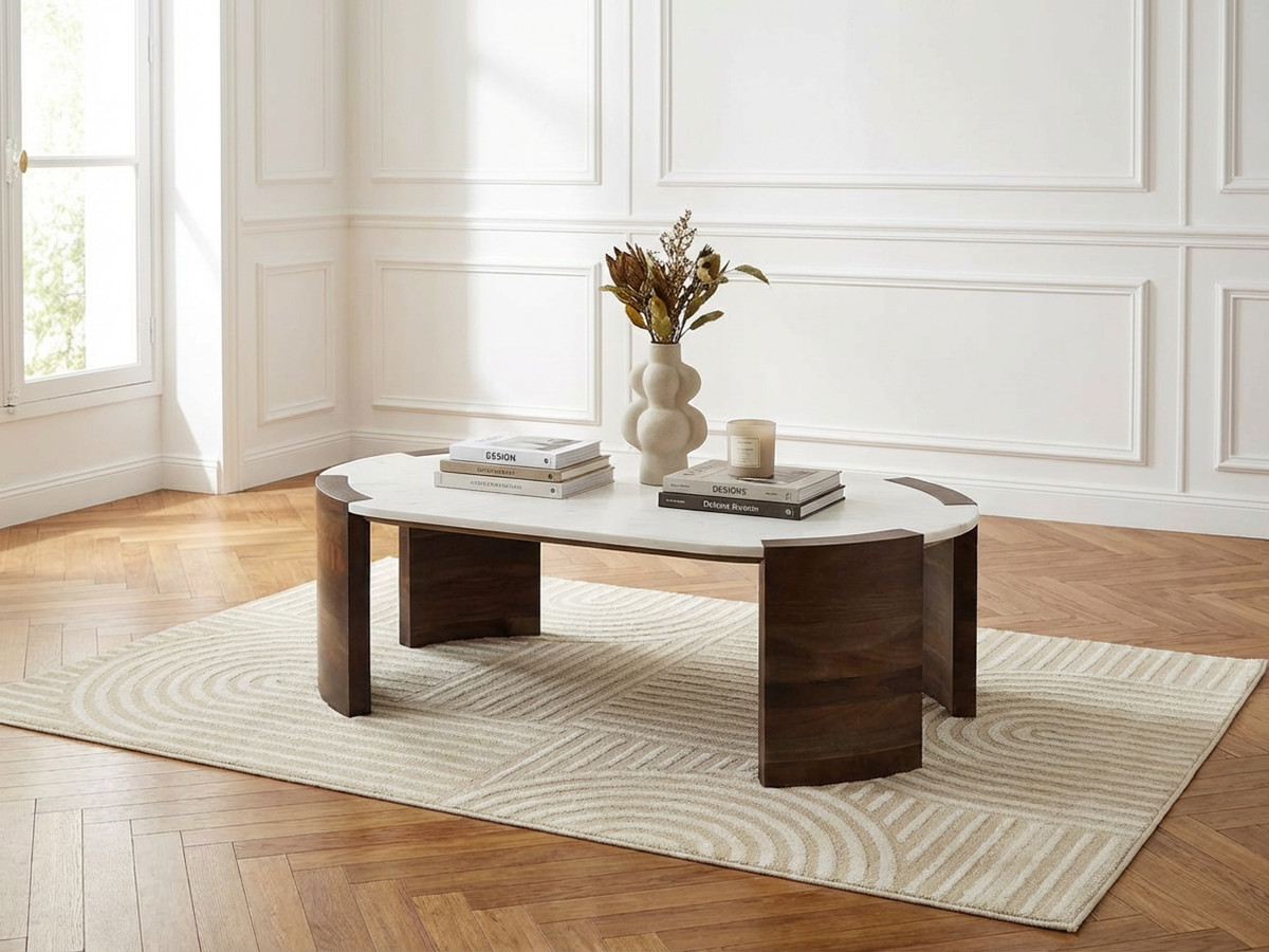 Table basse ovale 110 cm TORVI plateau marbre et pieds bois massif de manguier
