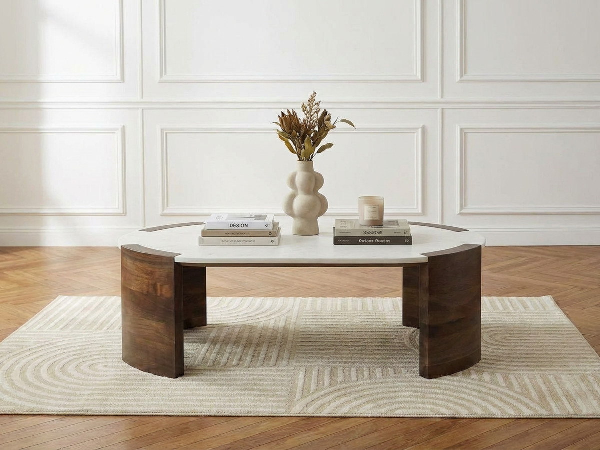 Table basse ovale 122 cm TORVI plateau marbre et pieds bois massif de manguier