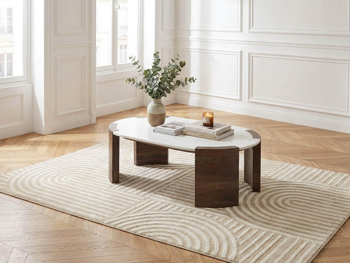 Table basse ovale 122 cm TORVI plateau marbre et pieds bois massif de manguier