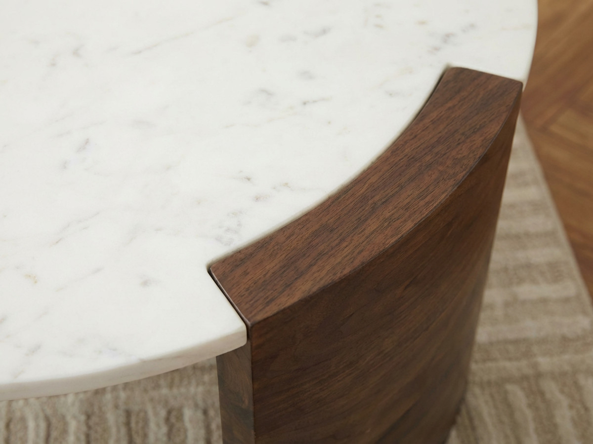 Table basse ovale 122 cm TORVI plateau marbre et pieds bois massif de manguier