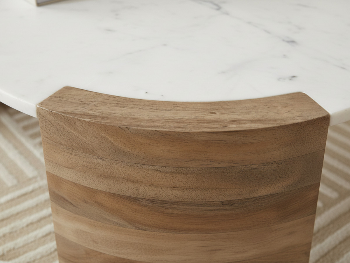 Table basse ovale 110 cm TORVI plateau marbre et pieds bois massif d'acacia