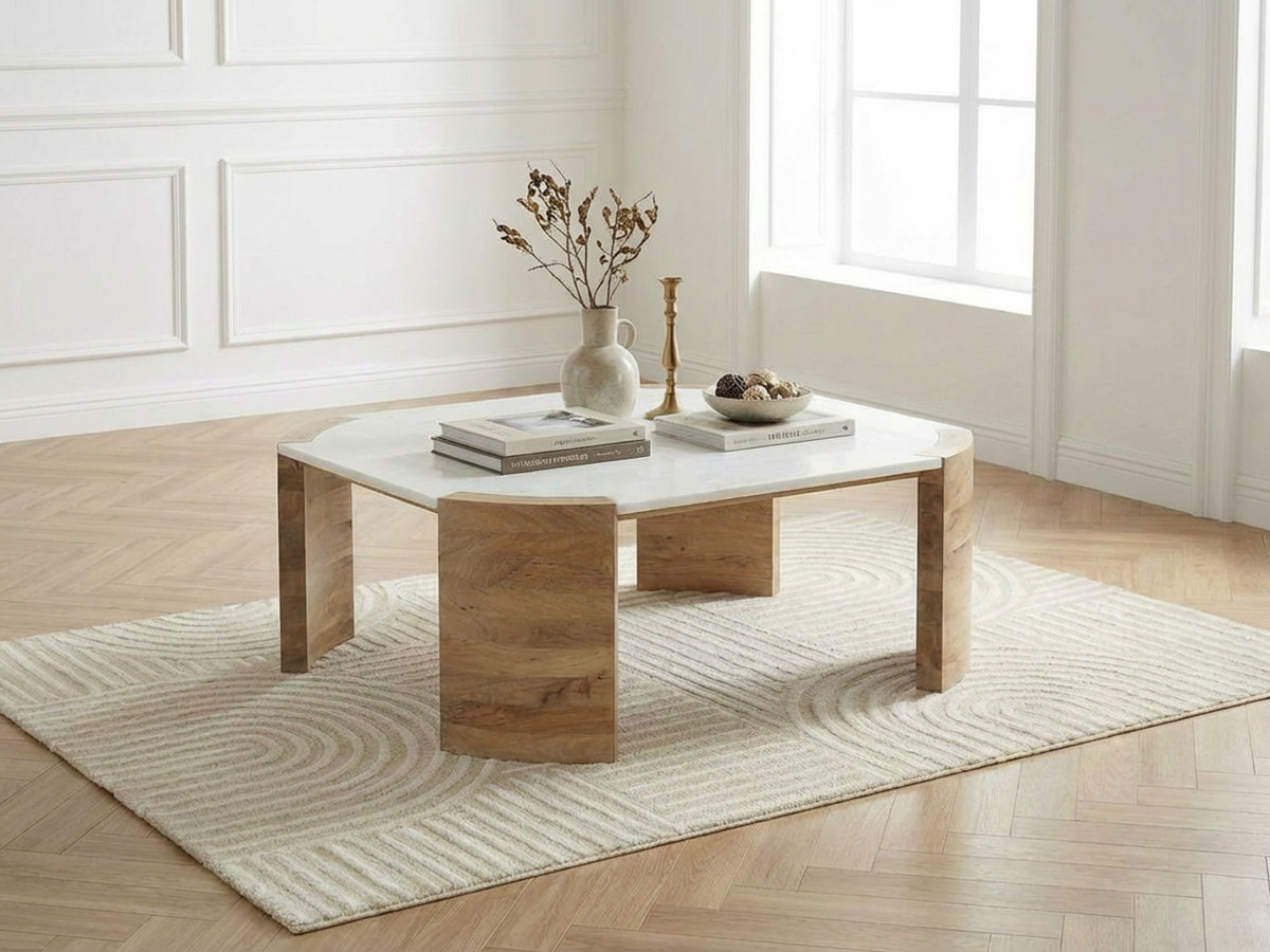 TORVI vierkante salontafel van 85 cm met marmeren blad en massief acaciahouten poten