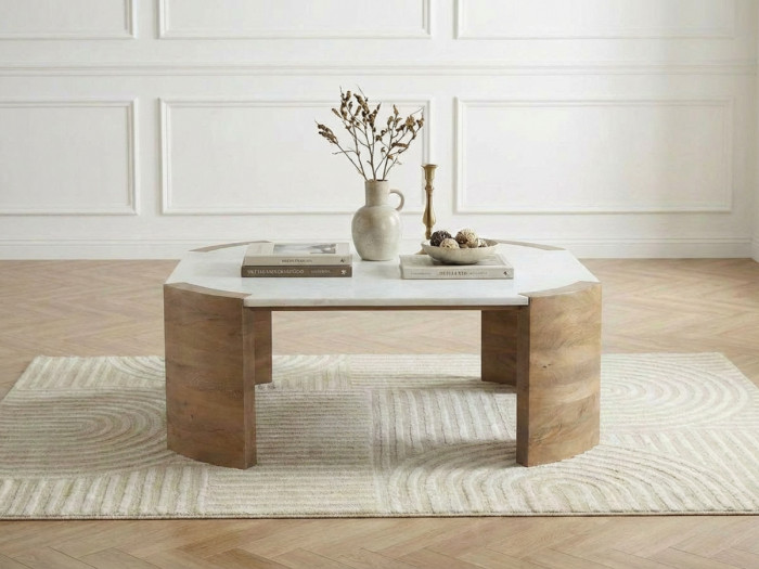 Table basse carrée 85 cm TORVI plateau marbre et pieds bois massif d'acacia