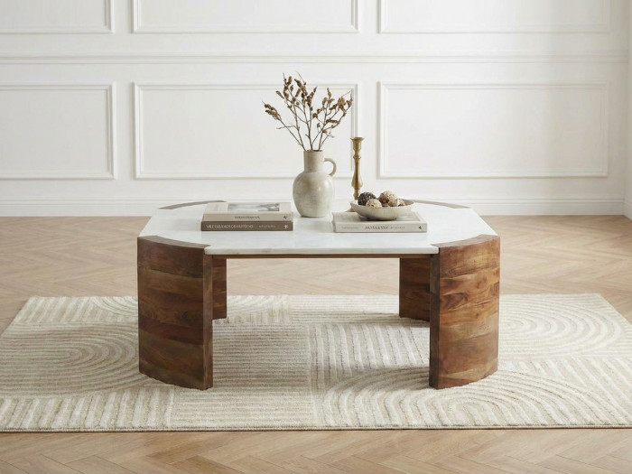 Table basse carrée 85 cm TORVI plateau marbre et pieds bois massif de manguier