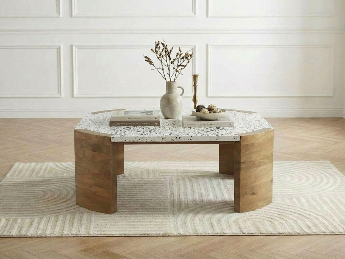 Table basse carrée 85 cm TORVI plateau terrazzo et pieds bois massif de manguier