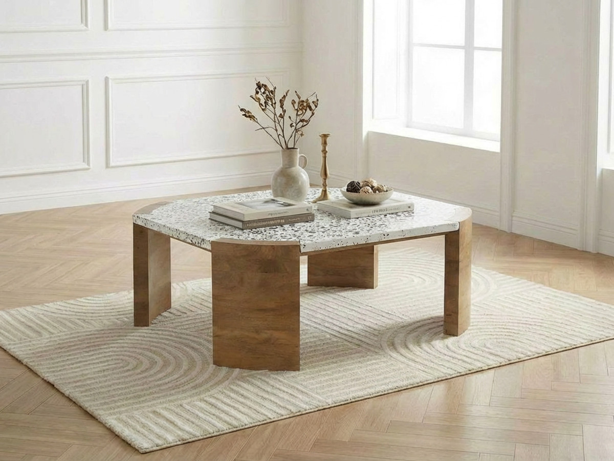 Table basse carrée 85 cm TORVI plateau terrazzo et pieds bois massif de manguier