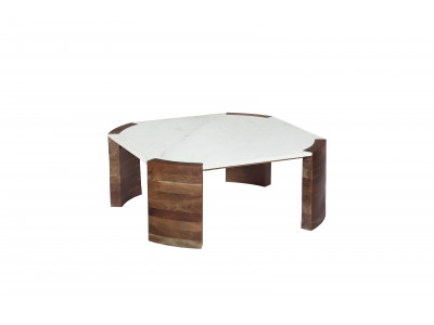 Table basse carrée 85 cm TORVI plateau marbre et pieds bois massif de manguier