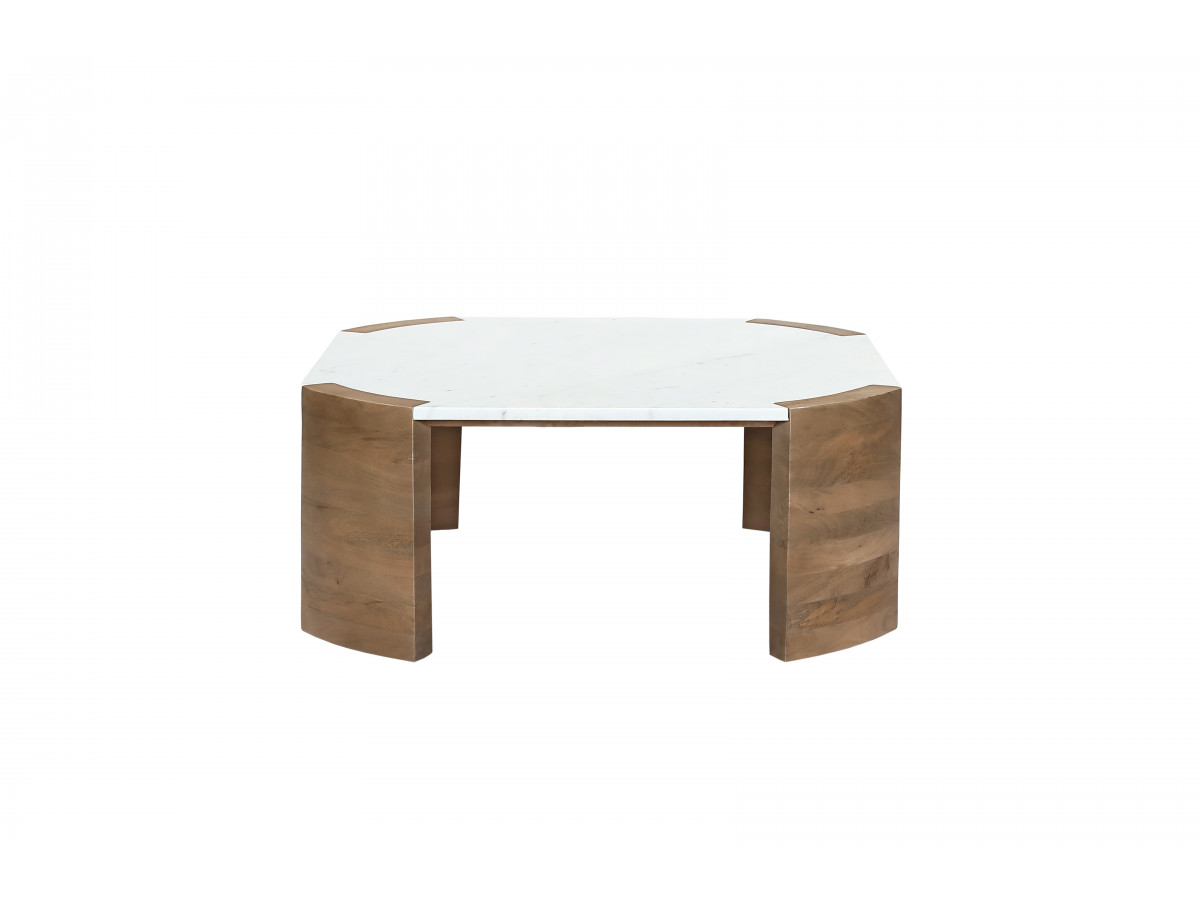 Table basse carrée 85 cm TORVI plateau marbre et pieds bois massif d'acacia — vue 6