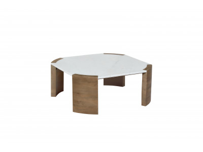 Table basse carrée 85 cm TORVI plateau marbre et pieds bois massif d'acacia