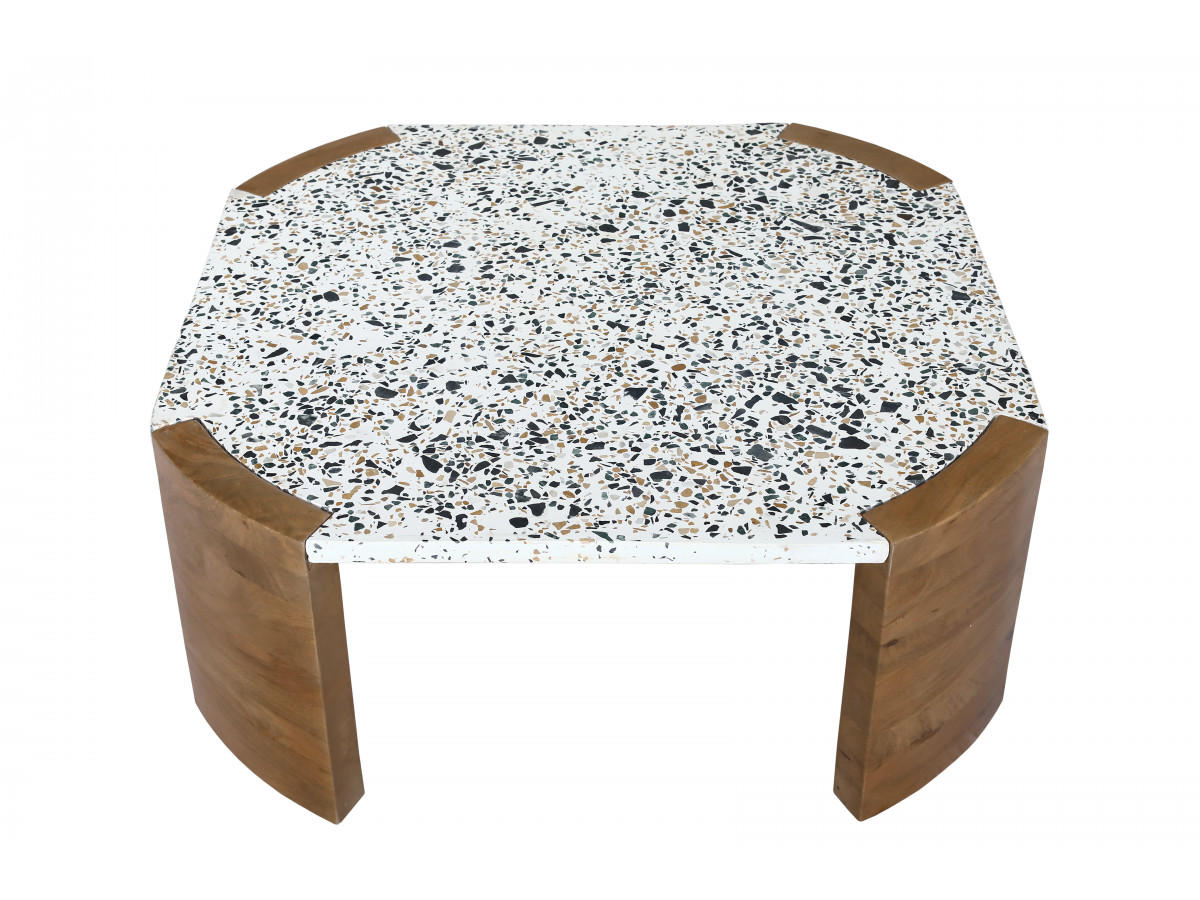 Table basse carrée 85 cm TORVI plateau terrazzo et pieds bois massif de manguier
