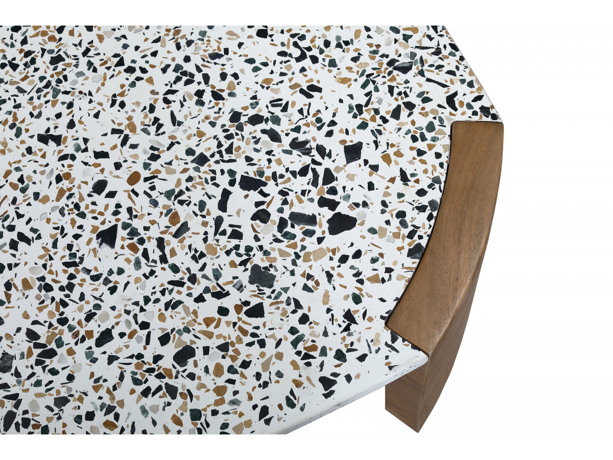 Table basse carrée 85 cm TORVI plateau terrazzo et pieds bois massif de manguier