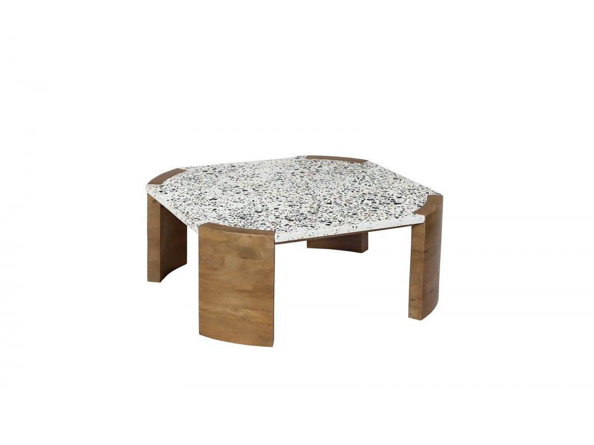 Table basse carrée 85 cm TORVI plateau terrazzo et pieds bois massif de manguier