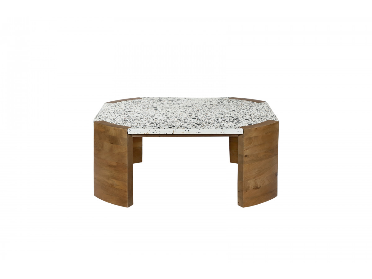 Table basse carrée 85 cm TORVI plateau terrazzo et pieds bois massif de manguier — vue 6