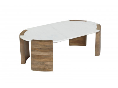 Table basse ovale 110 cm TORVI plateau marbre et pieds bois massif d'acacia
