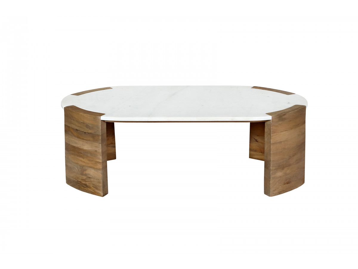 Table basse ovale 110 cm TORVI plateau marbre et pieds bois massif d'acacia