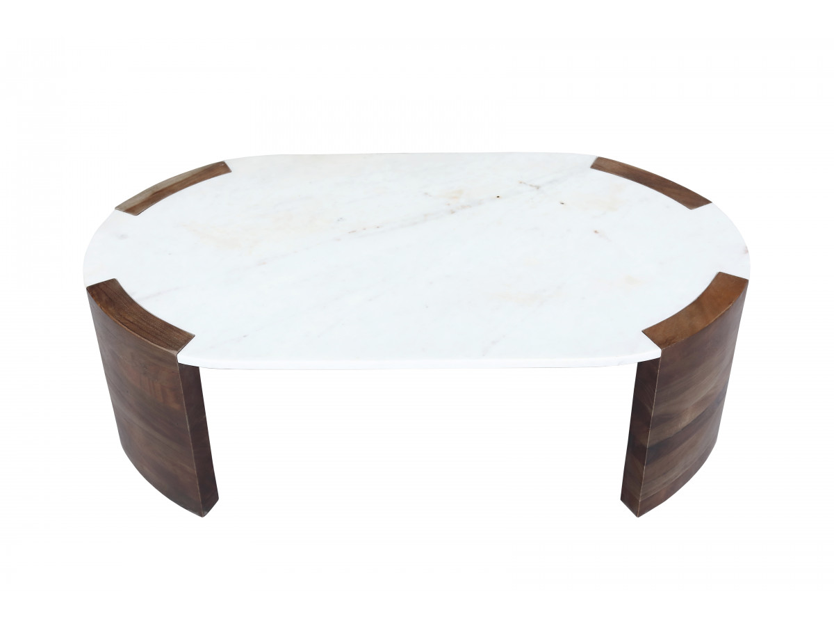 Table basse ovale 122 cm TORVI plateau marbre et pieds bois massif de manguier