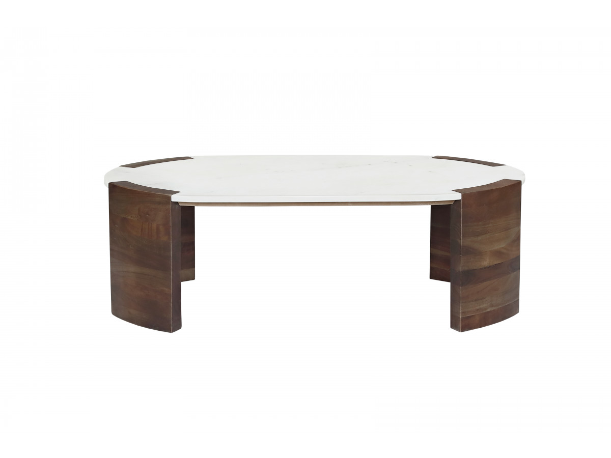 Table basse ovale 122 cm TORVI plateau marbre et pieds bois massif de manguier