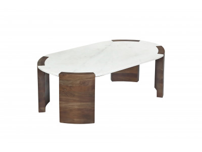Table basse ovale 110 cm TORVI plateau marbre et pieds bois massif de manguier