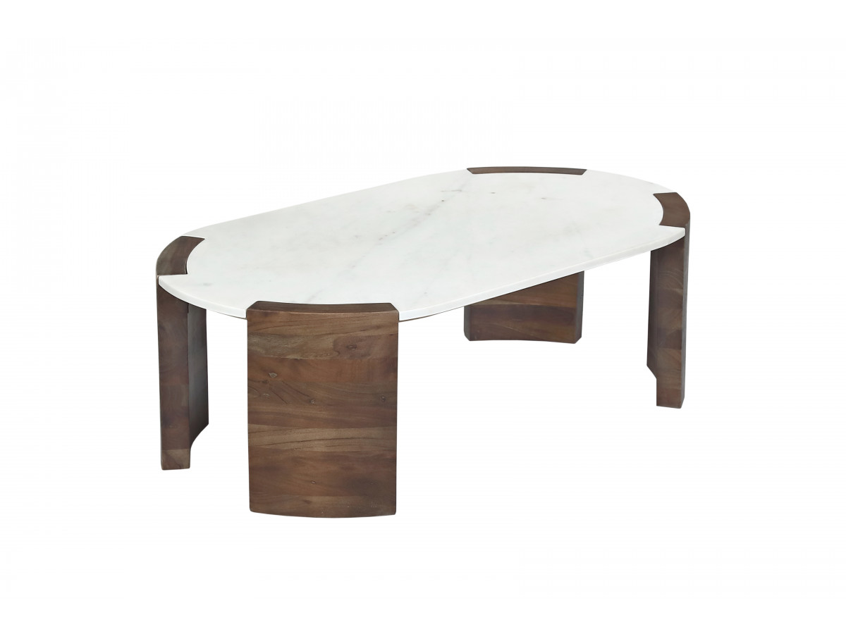 Table basse ovale 122 cm TORVI plateau marbre et pieds bois massif de manguier