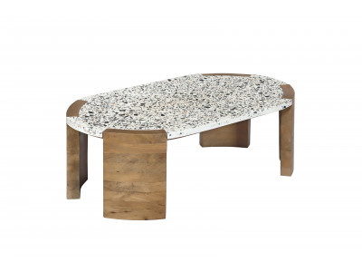 Table basse ovale 110 cm TORVI plateau terrazzo et pieds bois massif de manguier