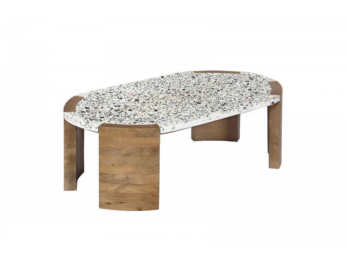 Table basse ovale 110 cm TORVI plateau terrazzo et pieds bois massif de manguier — vue 3