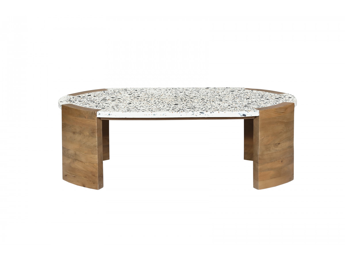 Table basse ovale 110 cm TORVI plateau terrazzo et pieds bois massif de manguier