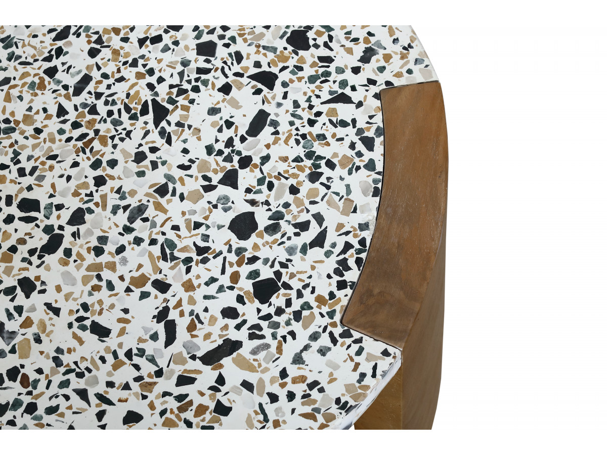 Table basse ovale 110 cm TORVI plateau terrazzo et pieds bois massif de manguier