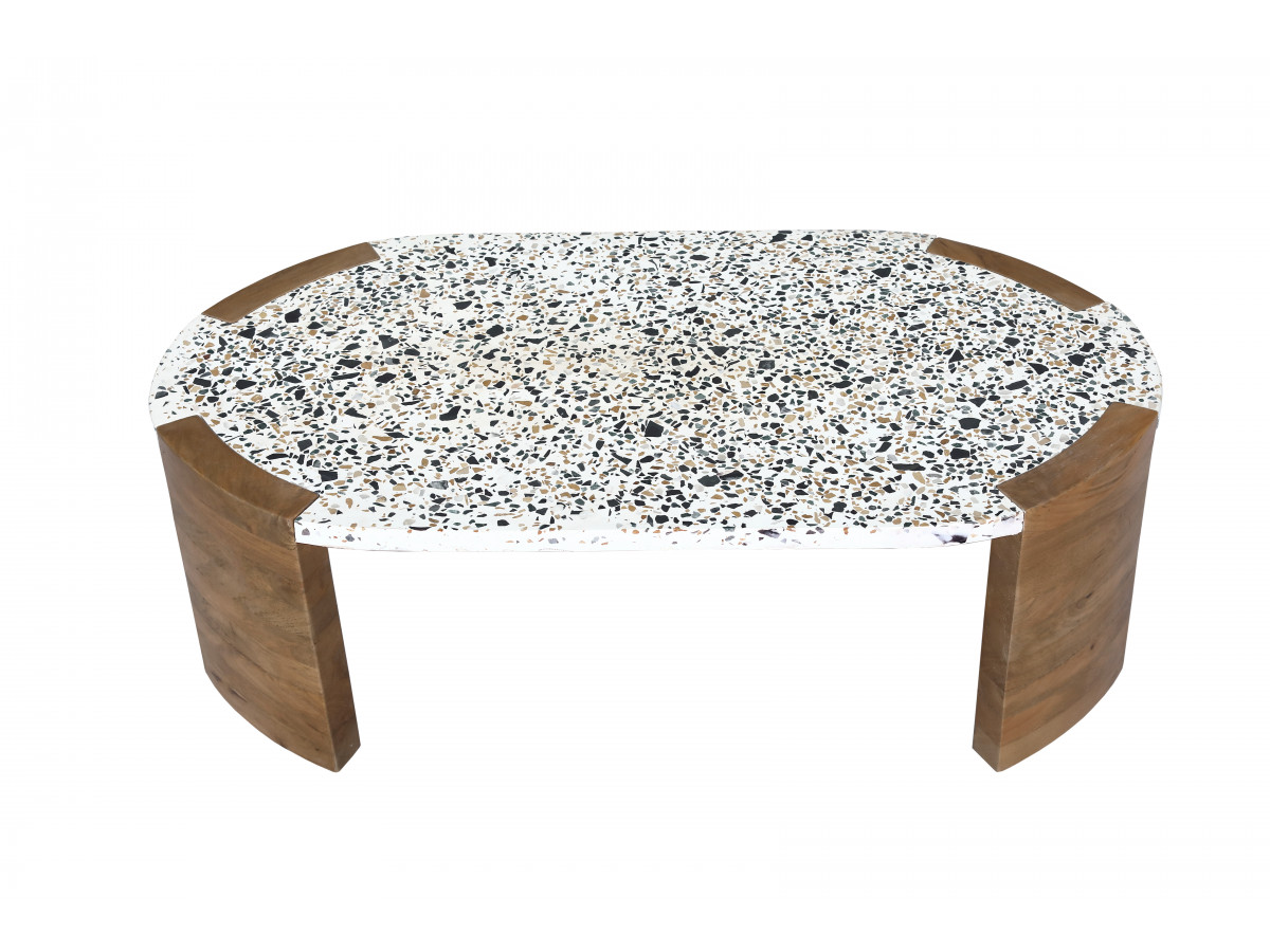 Table basse ovale 110 cm TORVI plateau terrazzo et pieds bois massif de manguier