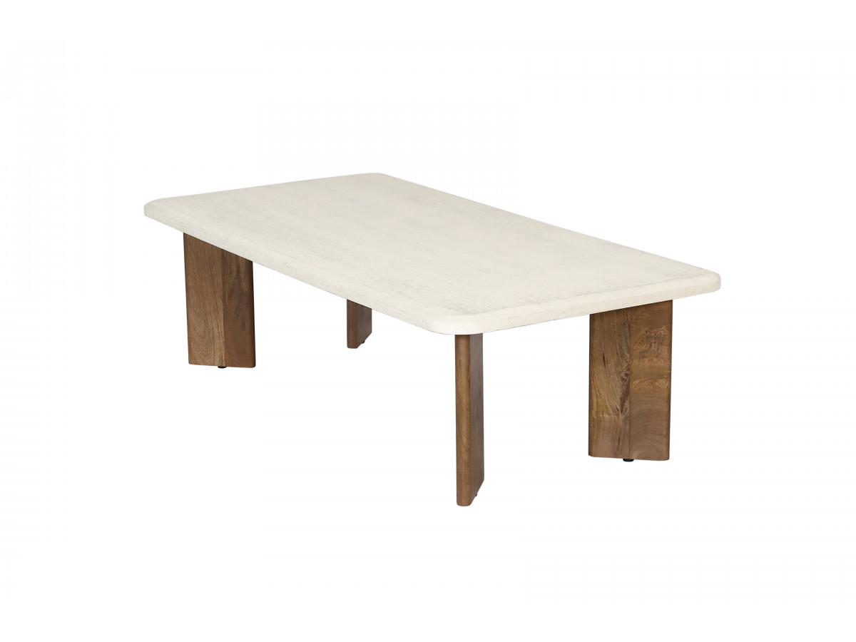 Table basse rectangulaire 120 cm ARYA effet travertin et pieds bois massif de manguier