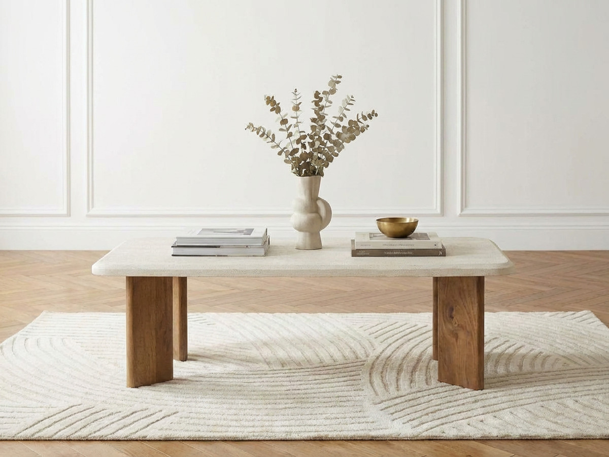 Table basse rectangulaire 120 cm ARYA effet travertin et pieds bois massif de manguier