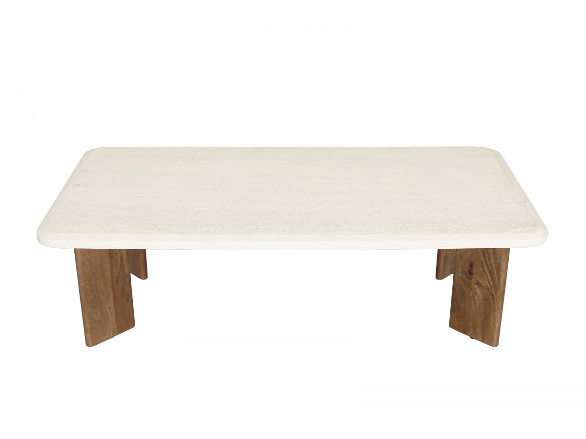 Table basse rectangulaire 120 cm ARYA effet travertin et pieds bois massif de manguier