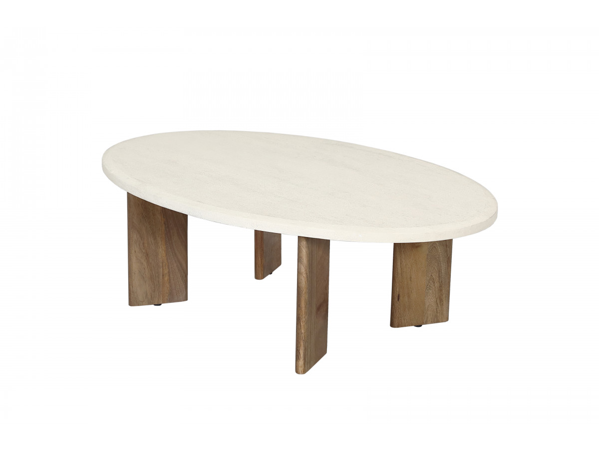 Table basse ovale 110 cm ARYA effet travertin et pieds bois massif de manguier