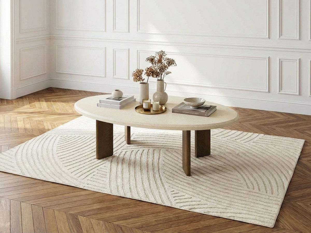 Table basse ovale 110 cm ARYA effet travertin et pieds bois massif de manguier