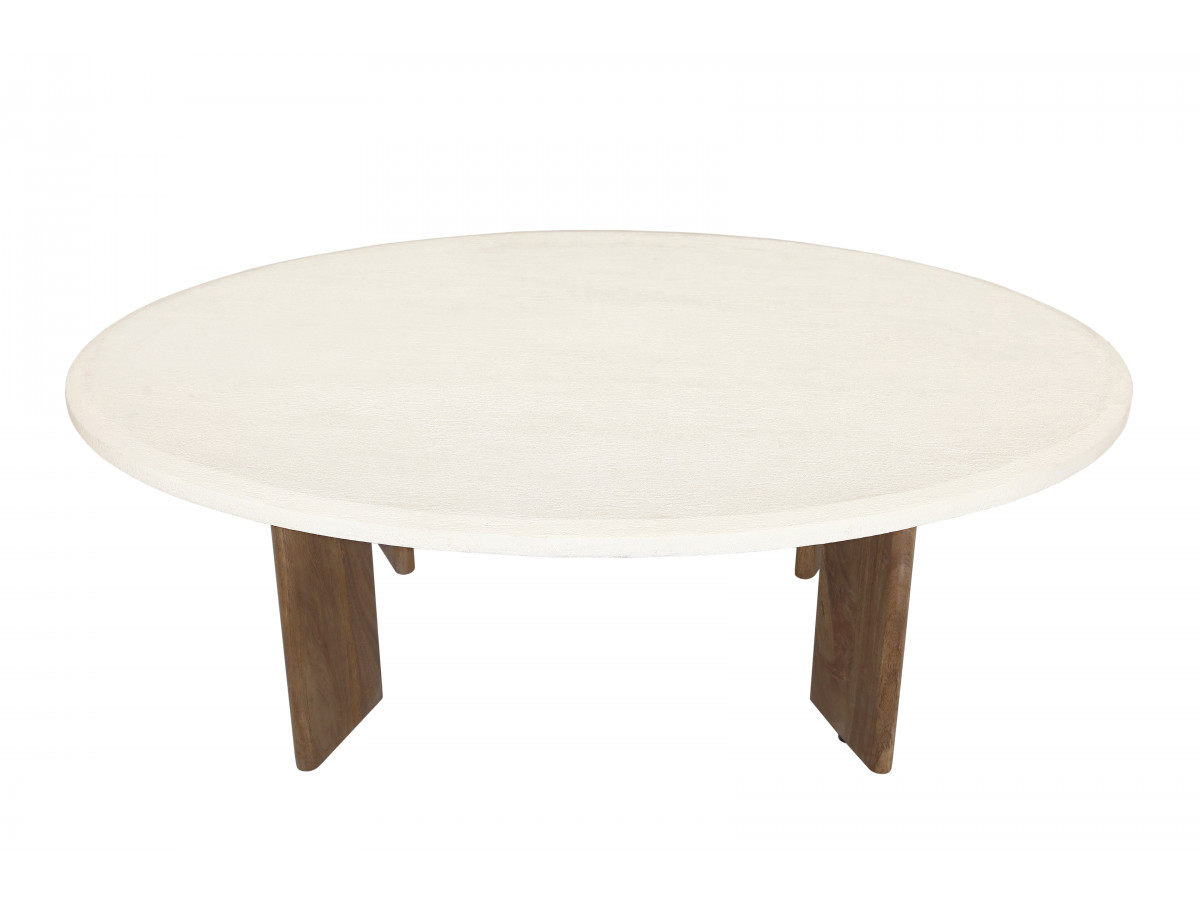 Table basse ovale 110 cm ARYA effet travertin et pieds bois massif de manguier
