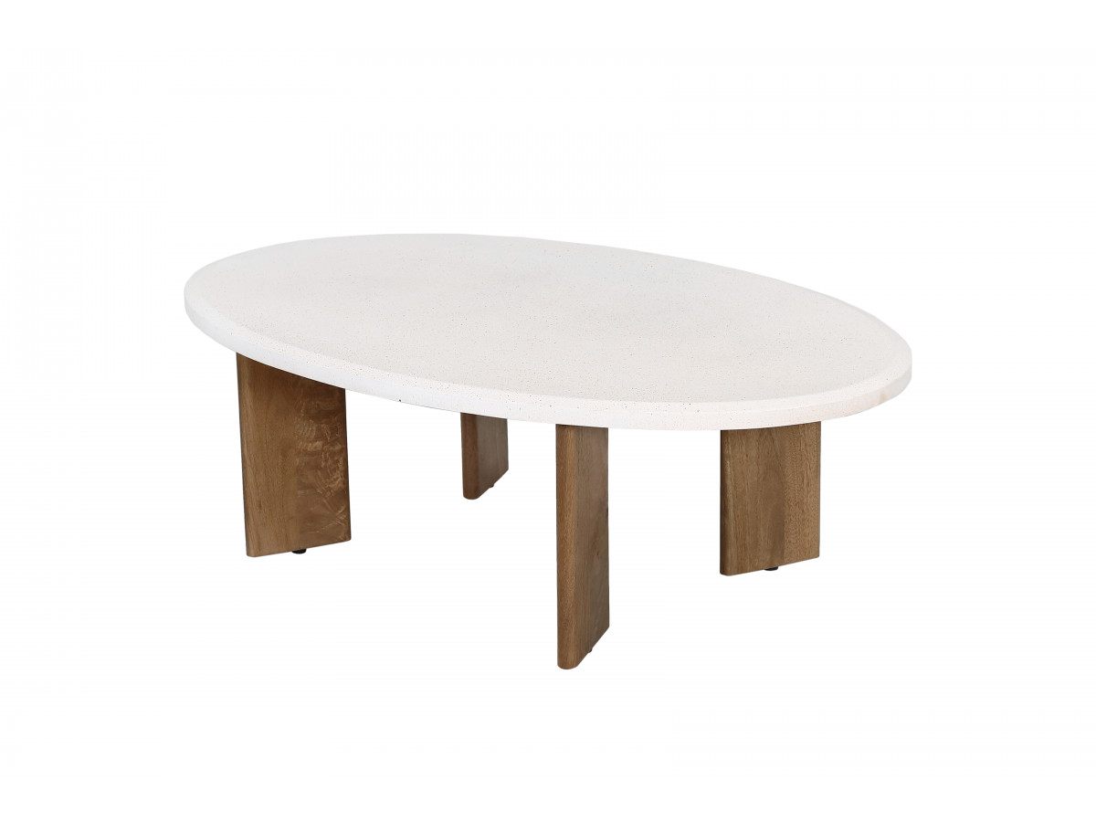 Table basse ovale 110 cm ARYA effet terrazzo et pieds bois massif de manguier — vue 3