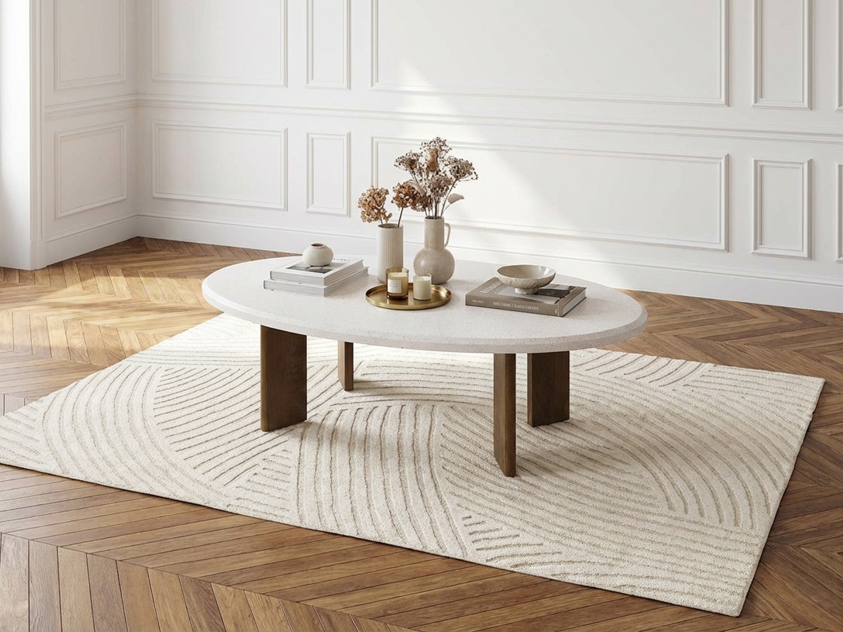 Ovale salontafel van 110 cm met ARYA terrazzo-effect en poten van massief mangohout