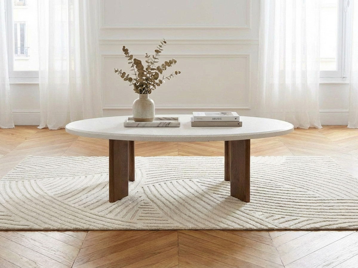 Ovale salontafel van 110 cm met ARYA terrazzo-effect en poten van massief mangohout