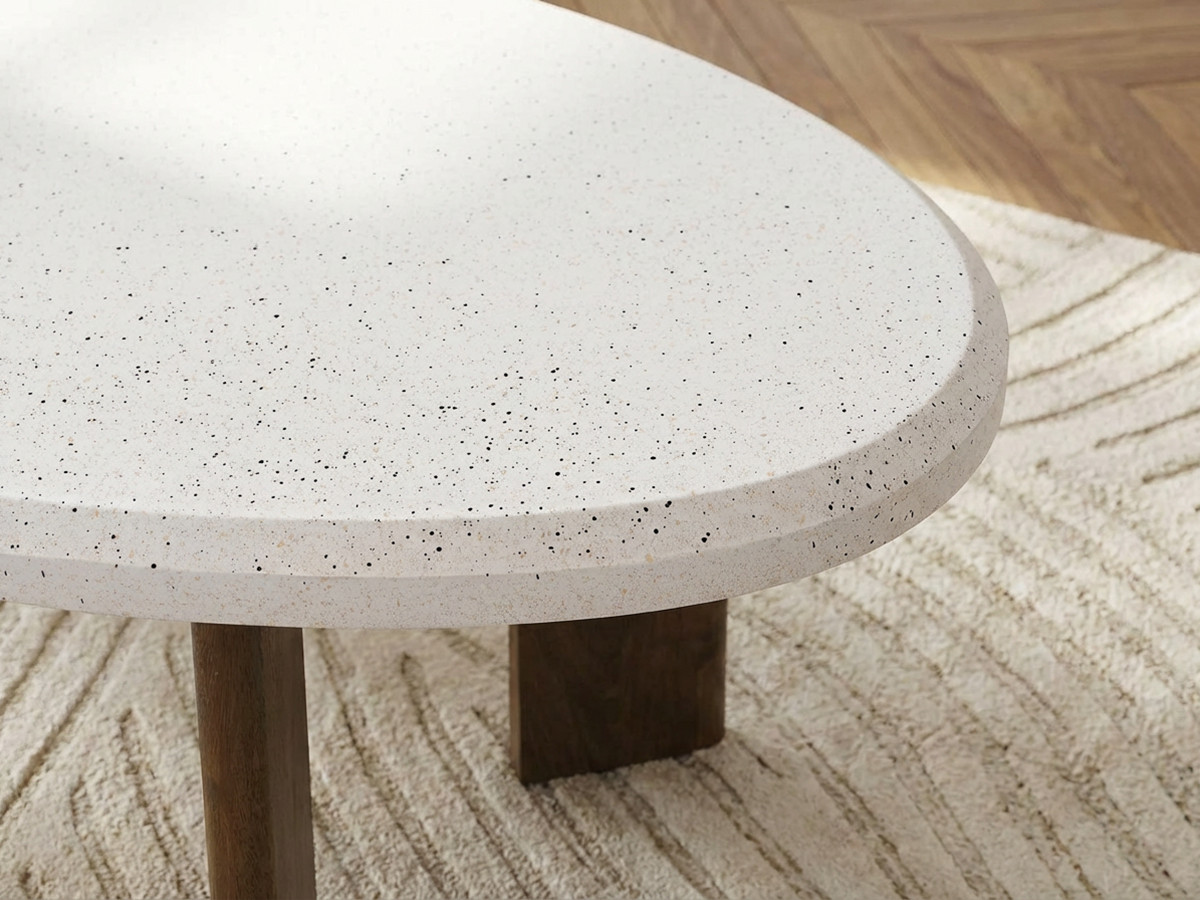 Table basse ovale 110 cm ARYA effet terrazzo et pieds bois massif de manguier — vue 5