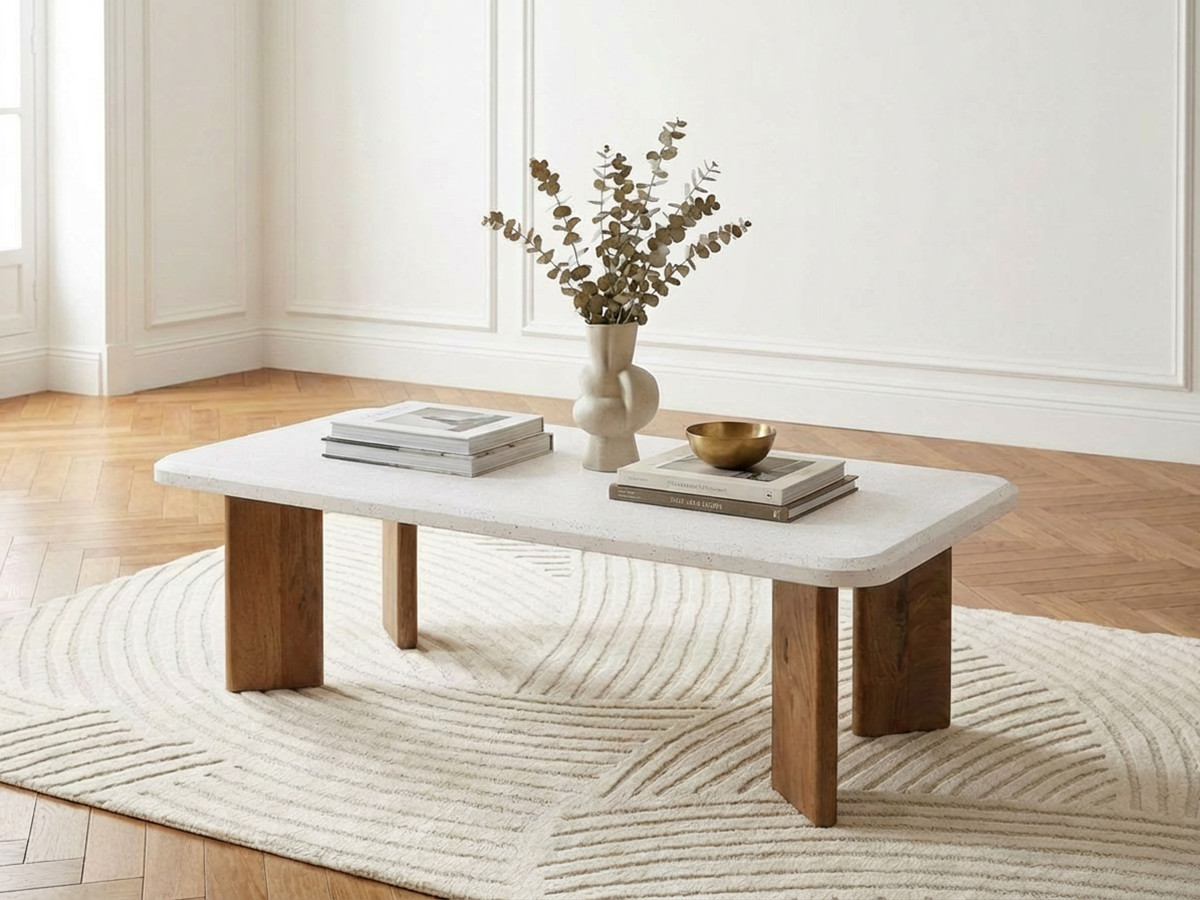 Table basse rectangulaire 120 cm ARYA effet terrazzo et pieds bois massif de manguier — vue 4