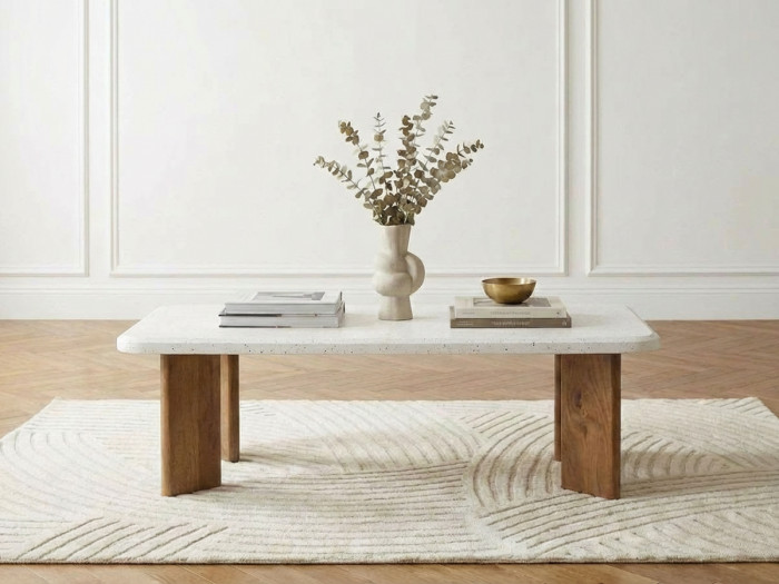 Table basse rectangulaire 120 cm ARYA effet terrazzo et pieds bois massif de manguier