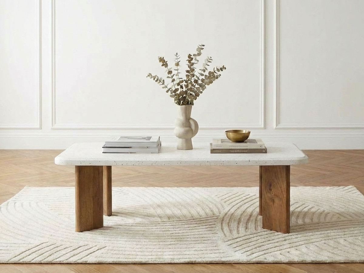 Rechthoekige salontafel van 120 cm met ARYA terrazzo-effect en poten van massief mangohout