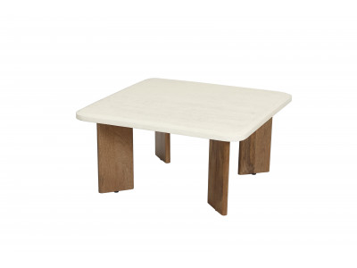 Table basse carrée 70 cm ARYA effet travertin et pieds bois massif de manguier