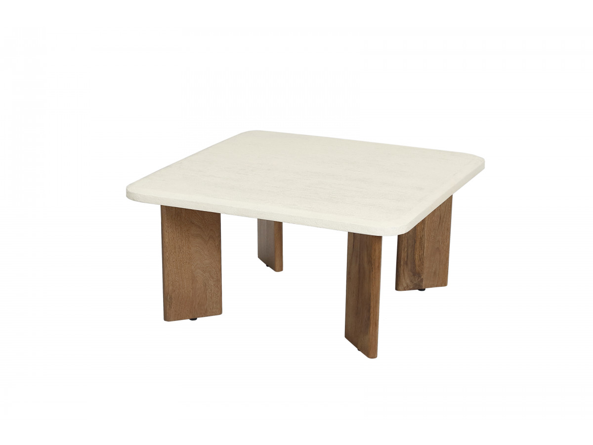 Vierkante salontafel van 70 cm met ARYA travertin-look en poten van massief mangohout