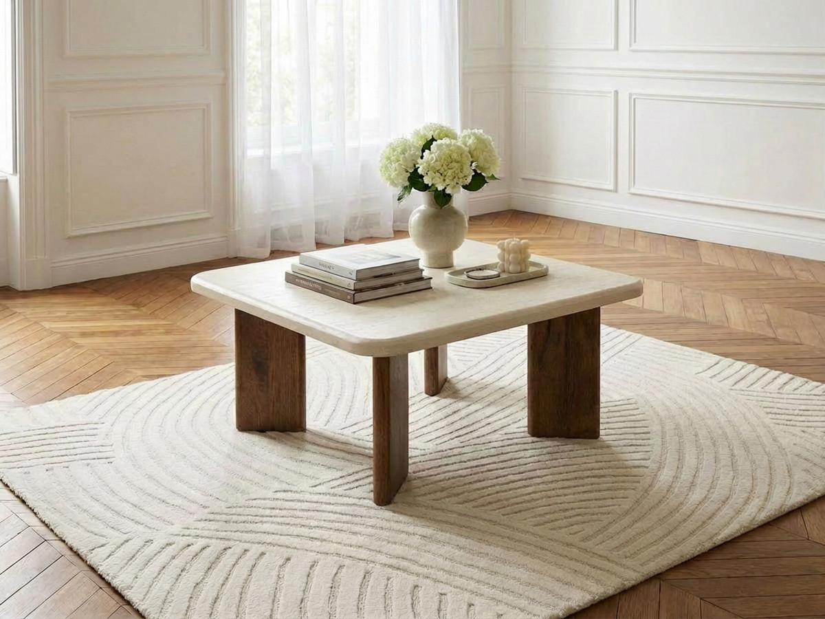 Vierkante salontafel van 70 cm met ARYA travertin-look en poten van massief mangohout