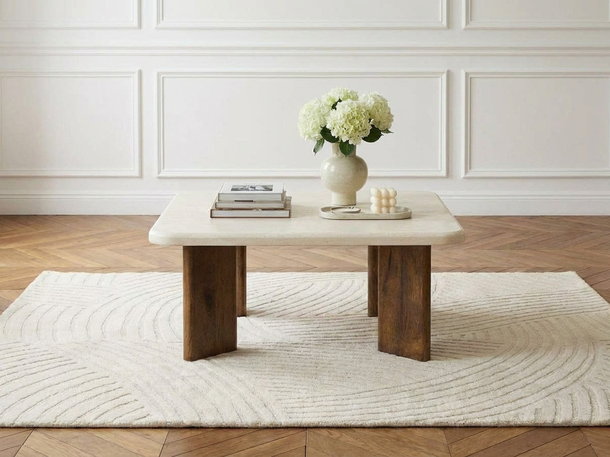 Vierkante salontafel van 70 cm met ARYA travertin-look en poten van massief mangohout