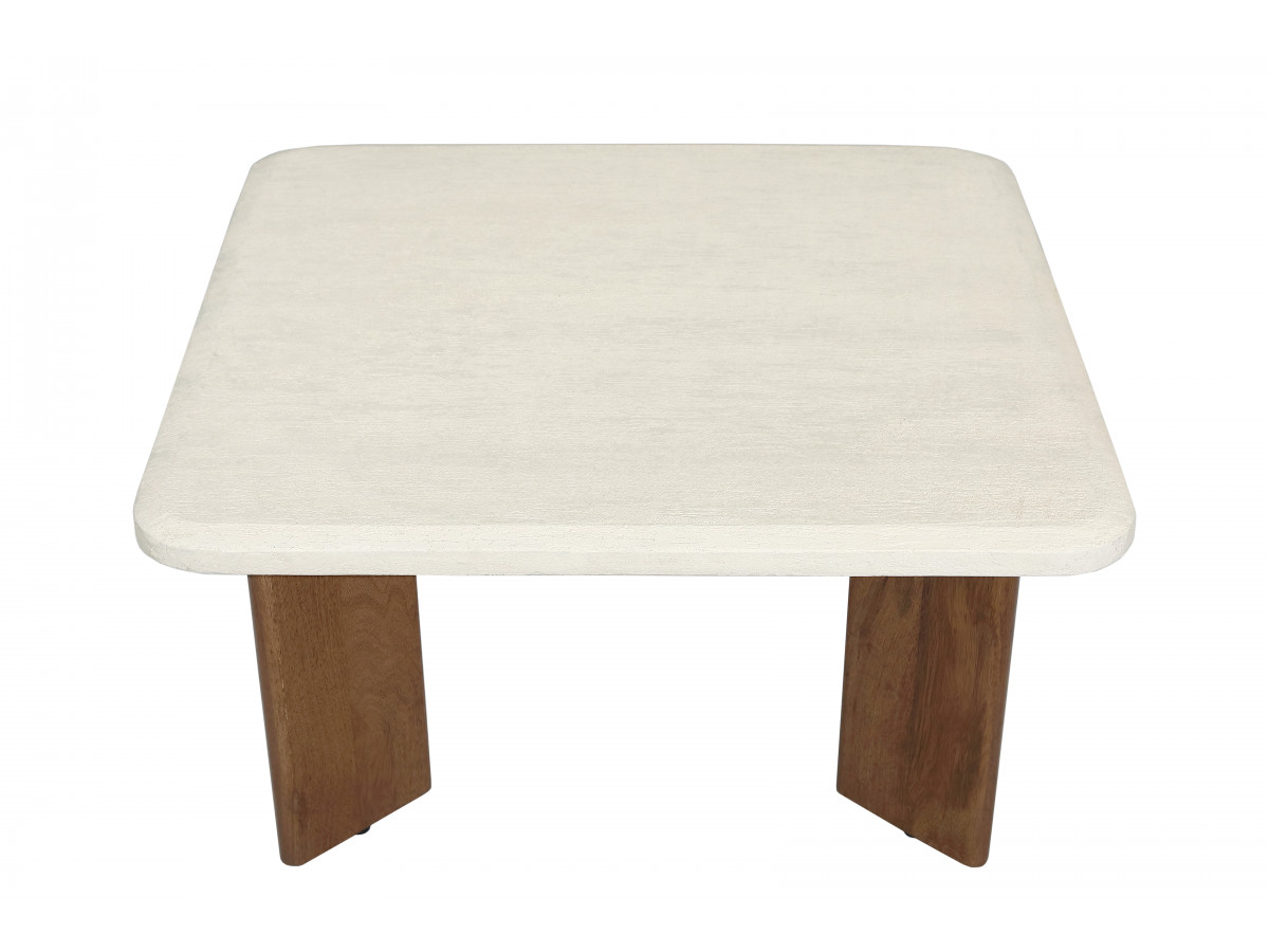 Vierkante salontafel van 70 cm met ARYA travertin-look en poten van massief mangohout