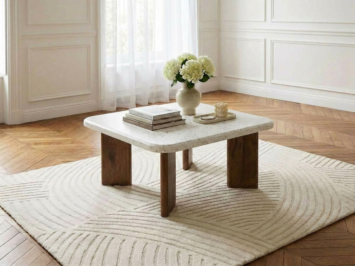 Vierkante salontafel van 70 cm met ARYA terrazzo-look en poten van massief mangohout