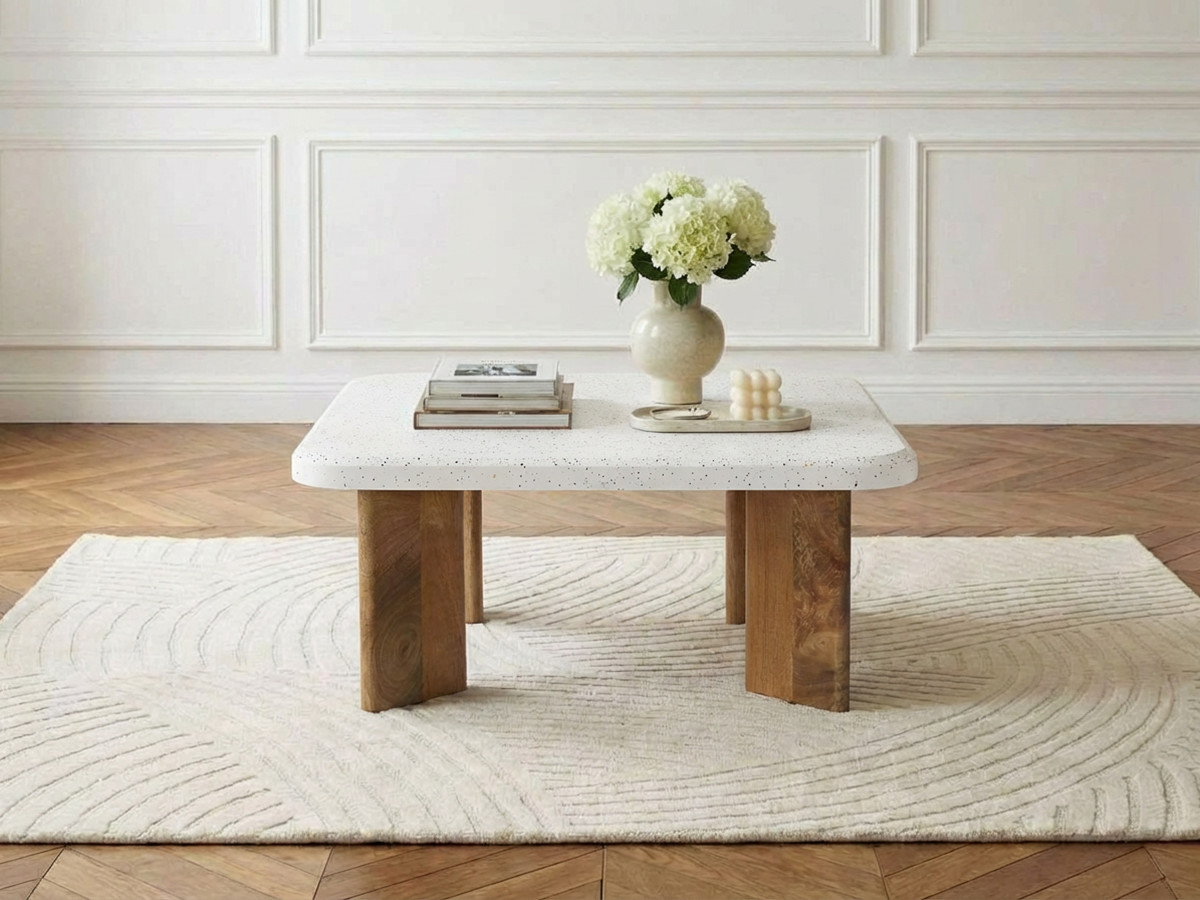 Vierkante salontafel van 70 cm met ARYA terrazzo-look en poten van massief mangohout