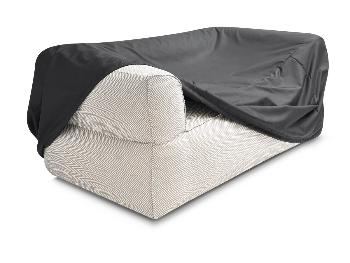 Canapé de jardin droit 2 places NOUR avec pouf avec bâche de protection beige — vue 6